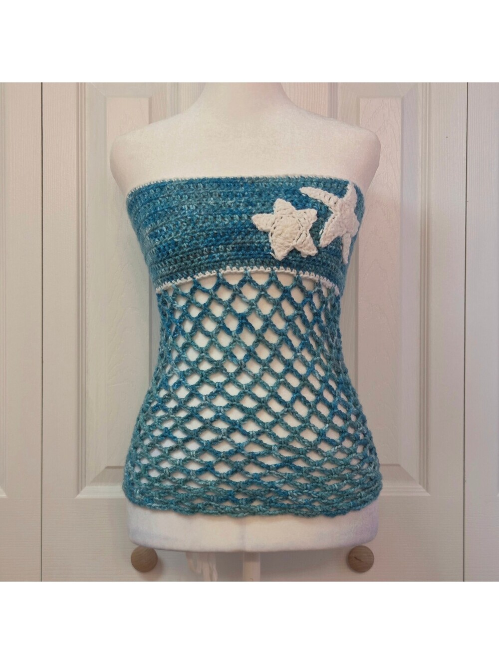 Turquoise Blue Starfish Hand Crochet Tube Top Y2K Mermaid Festival Beach Coverup